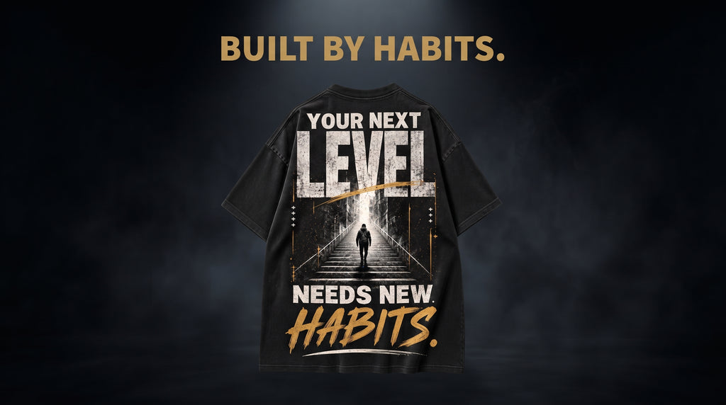 Back of black t-shirt featuring large 'Your Next Level Needs New Habits' typographic design with staircase illustration