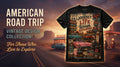 Black t-shirt featuring vintage Route 66 road trip graphic design