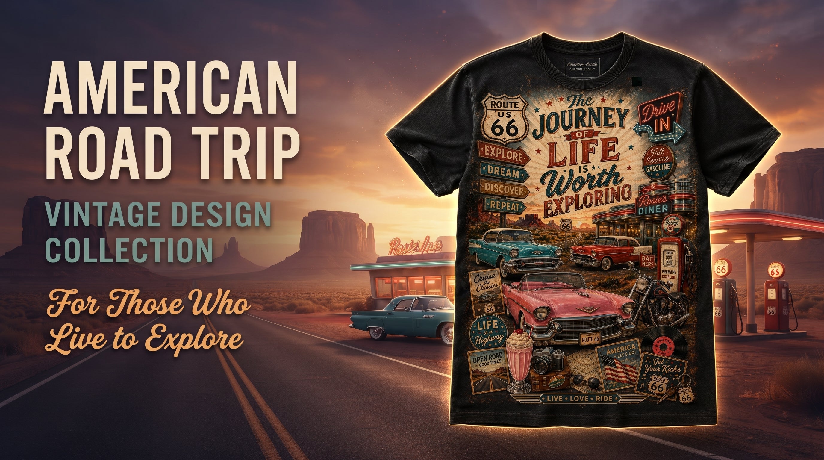 Black t-shirt featuring vintage Route 66 road trip graphic design