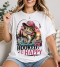 Girls fishing-themed graphic design with 'Hooked & Happy' bold pink and blue lettering