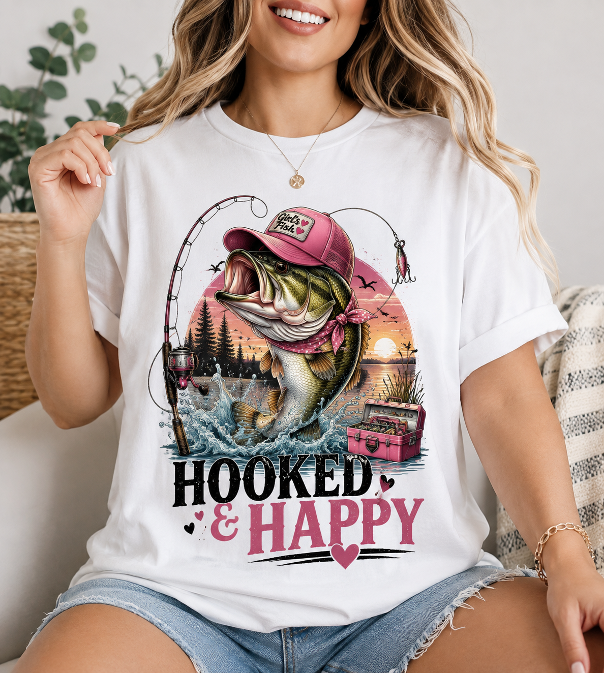 Girls fishing-themed graphic design with 'Hooked & Happy' bold pink and blue lettering