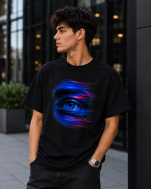 Black unisex t-shirt design featuring bold blue and pink eye graphic