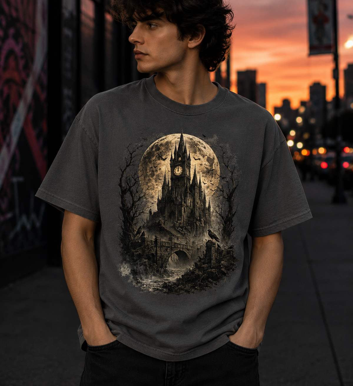 Gothic Castle T-Shirt | Vintage Moon Castle Graphic Tee | Dark Fantasy Unisex Shirt