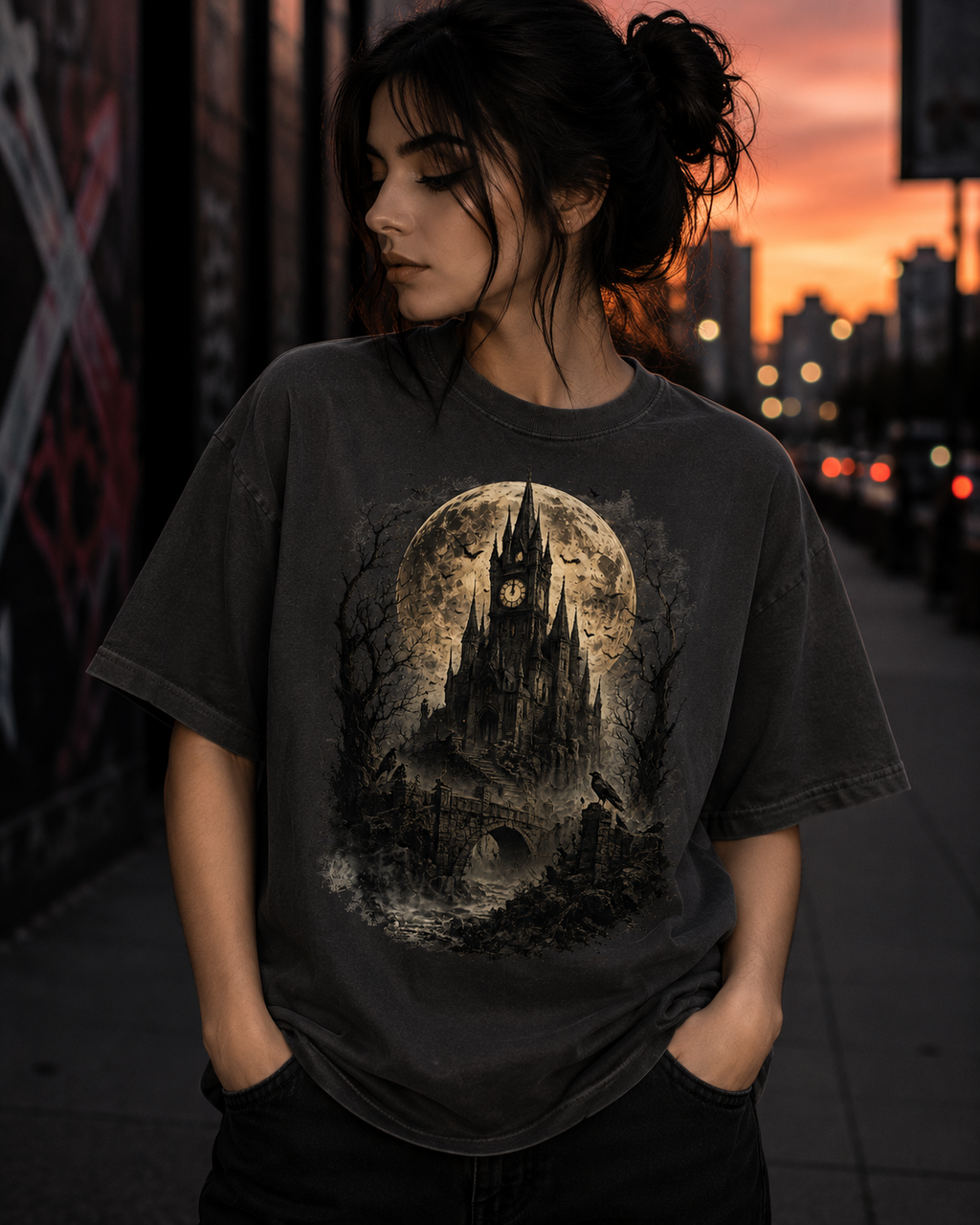 Gothic Castle T-Shirt | Vintage Moon Castle Graphic Tee | Dark Fantasy Unisex Shirt