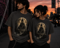 Gothic castle illustration under a full moon on unisex t-shirt design