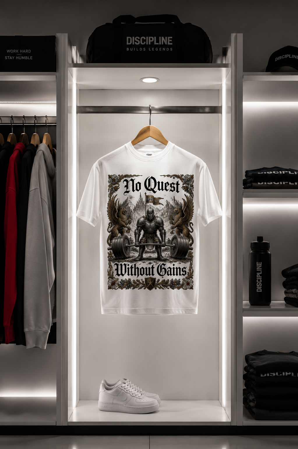 Medieval knight-themed gym t-shirt design with 'No Quest Without Gains' fitness typography