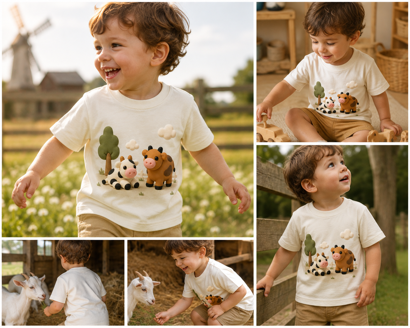 Kids farm-themed t-shirt design featuring cows and a tree scene