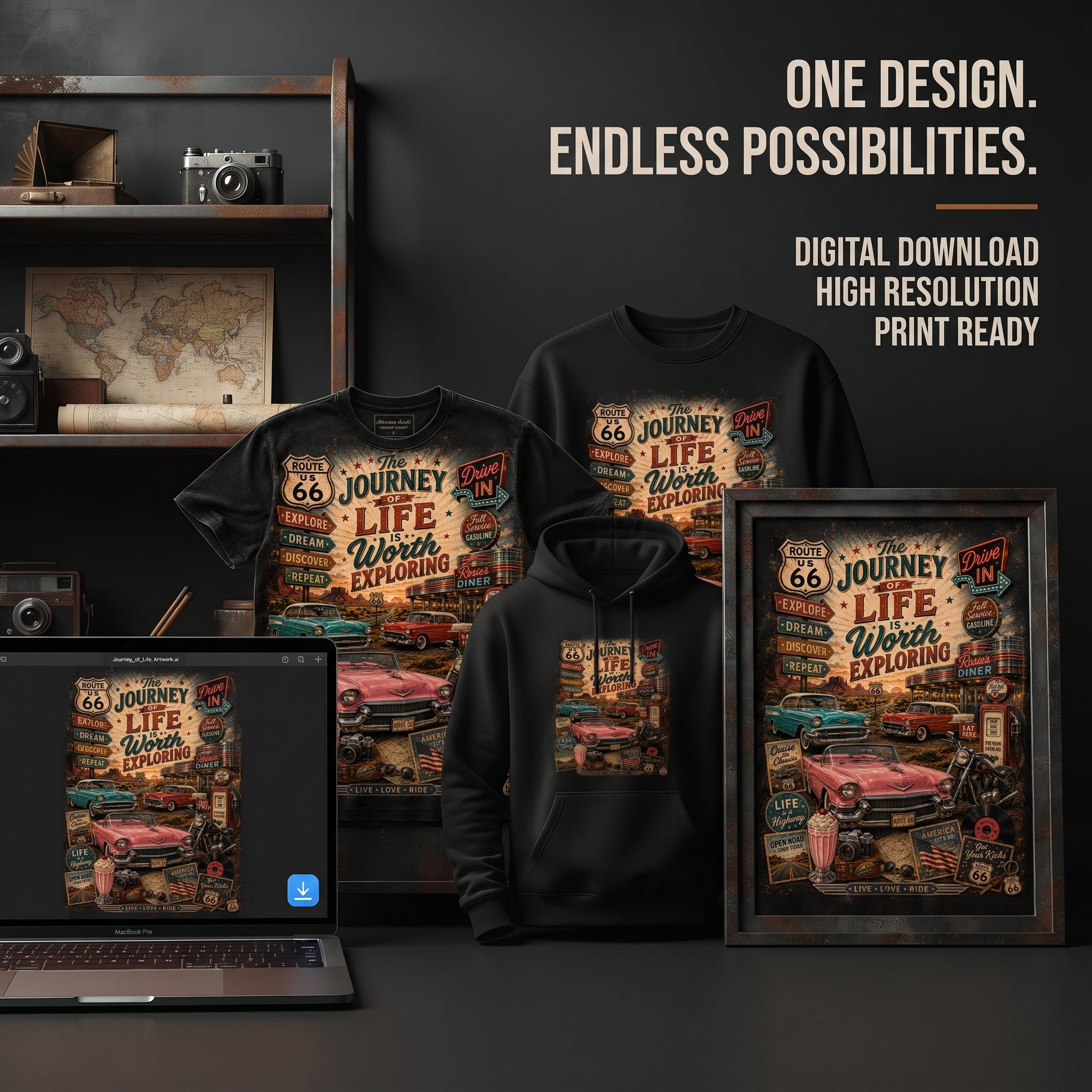 Vintage Route 66 T-Shirt Design — The Journey of Life