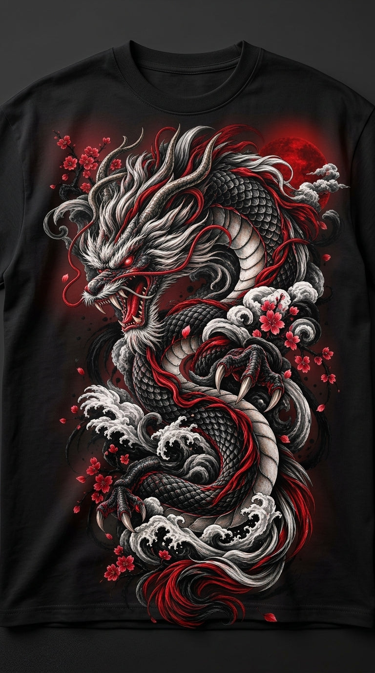 Japanese Dragon Tattoo Art T-Shirt | Cherry Blossom & Red Sun Graphic Tee