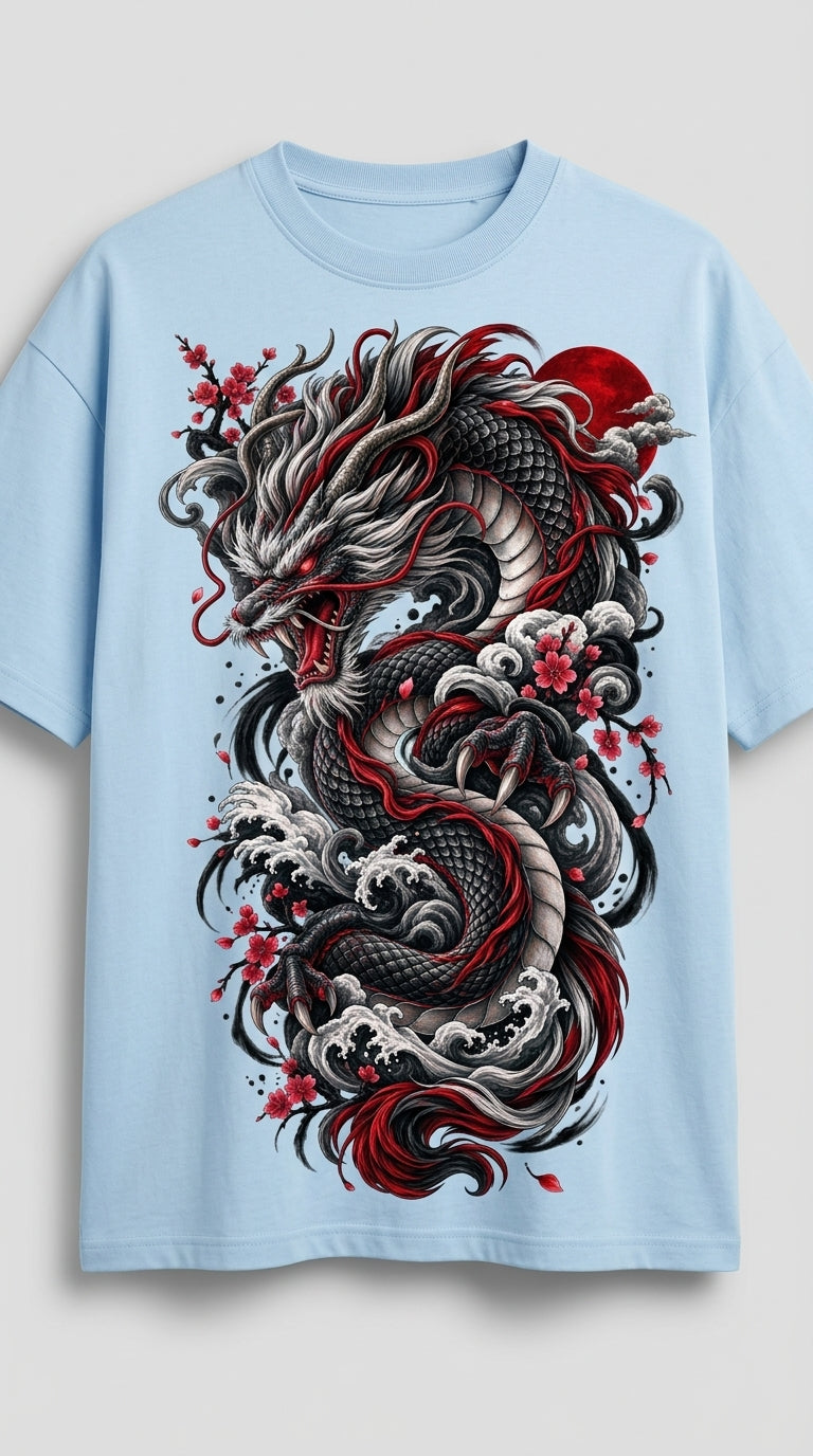 Japanese Dragon Tattoo Art T-Shirt | Cherry Blossom & Red Sun Graphic Tee