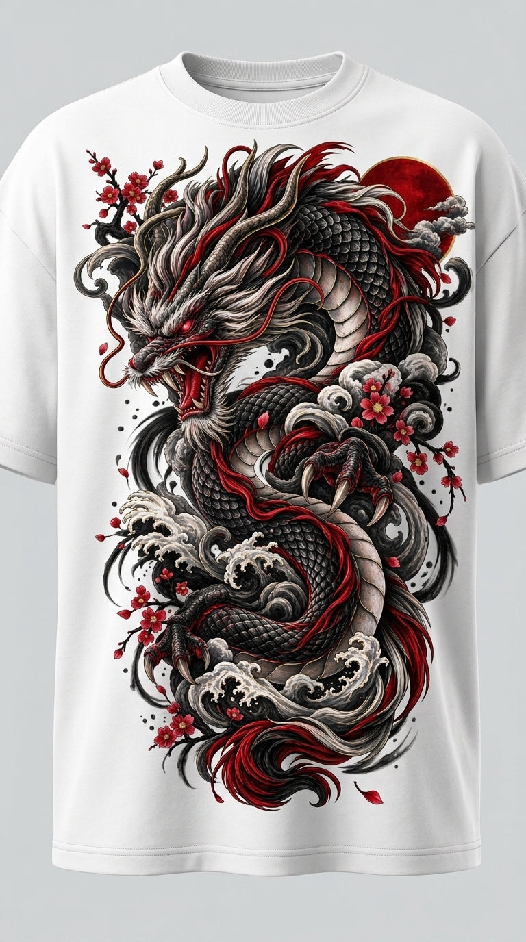 Japanese Dragon Tattoo Art T-Shirt | Cherry Blossom & Red Sun Graphic Tee