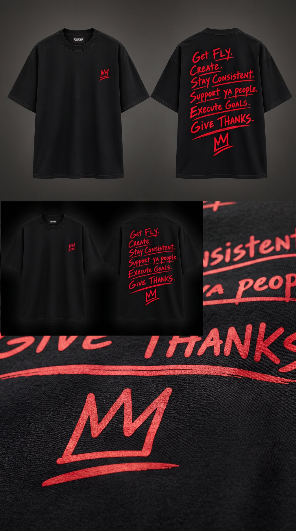 Black streetwear t-shirt design with 'GET FLY. CREATE. STAY CONSISTENT.' bold motivational typography