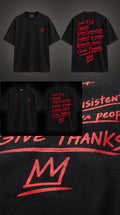 Black streetwear t-shirt design with 'GET FLY. CREATE. STAY CONSISTENT.' bold motivational typography