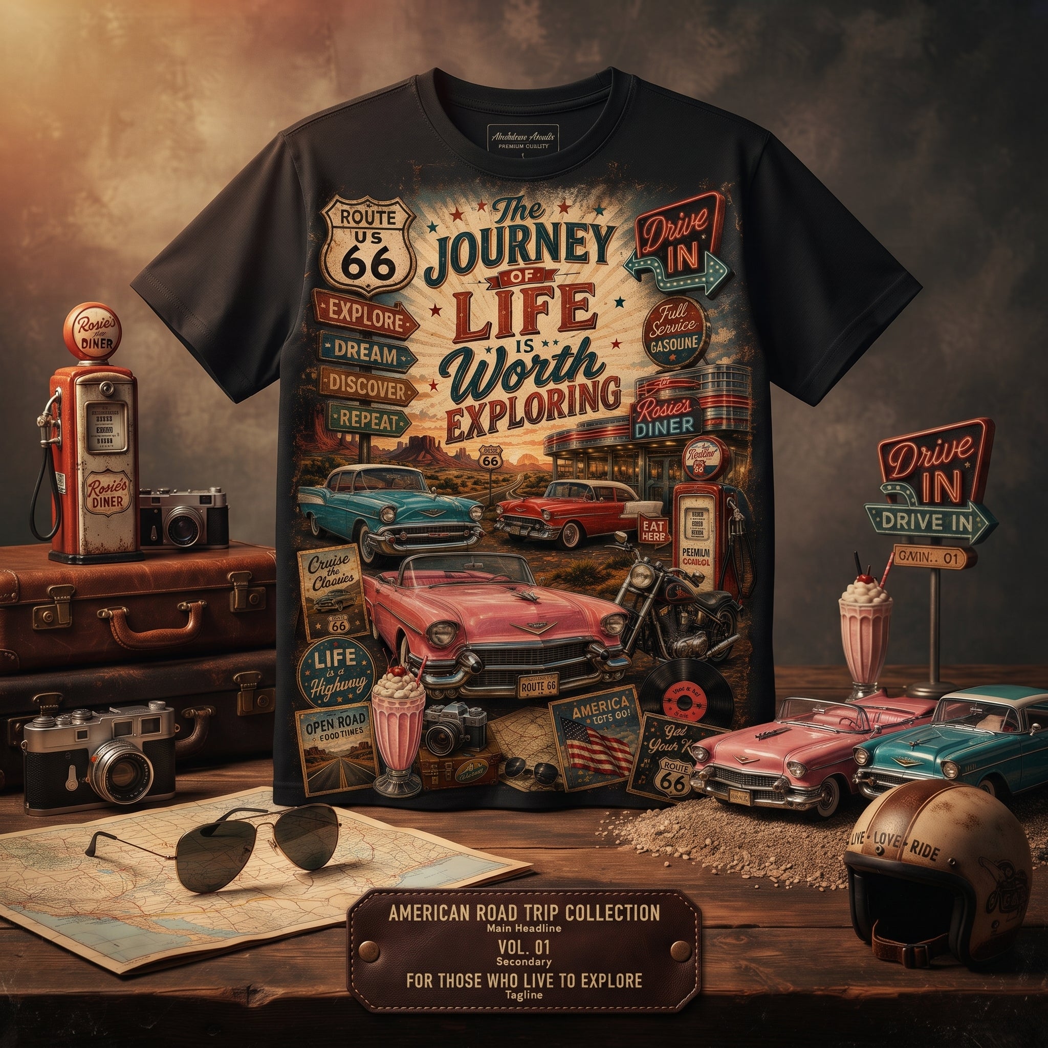 Vintage Route 66 T-Shirt Design — The Journey of Life