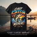 Fishing-themed t-shirt design with 'Cast Catch Repeat' bold typography