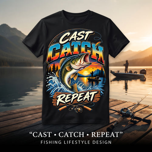 Fishing-themed t-shirt design with 'Cast Catch Repeat' bold typography