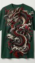 Japanese Dragon Tattoo Art T-Shirt | Cherry Blossom & Red Sun Graphic Tee