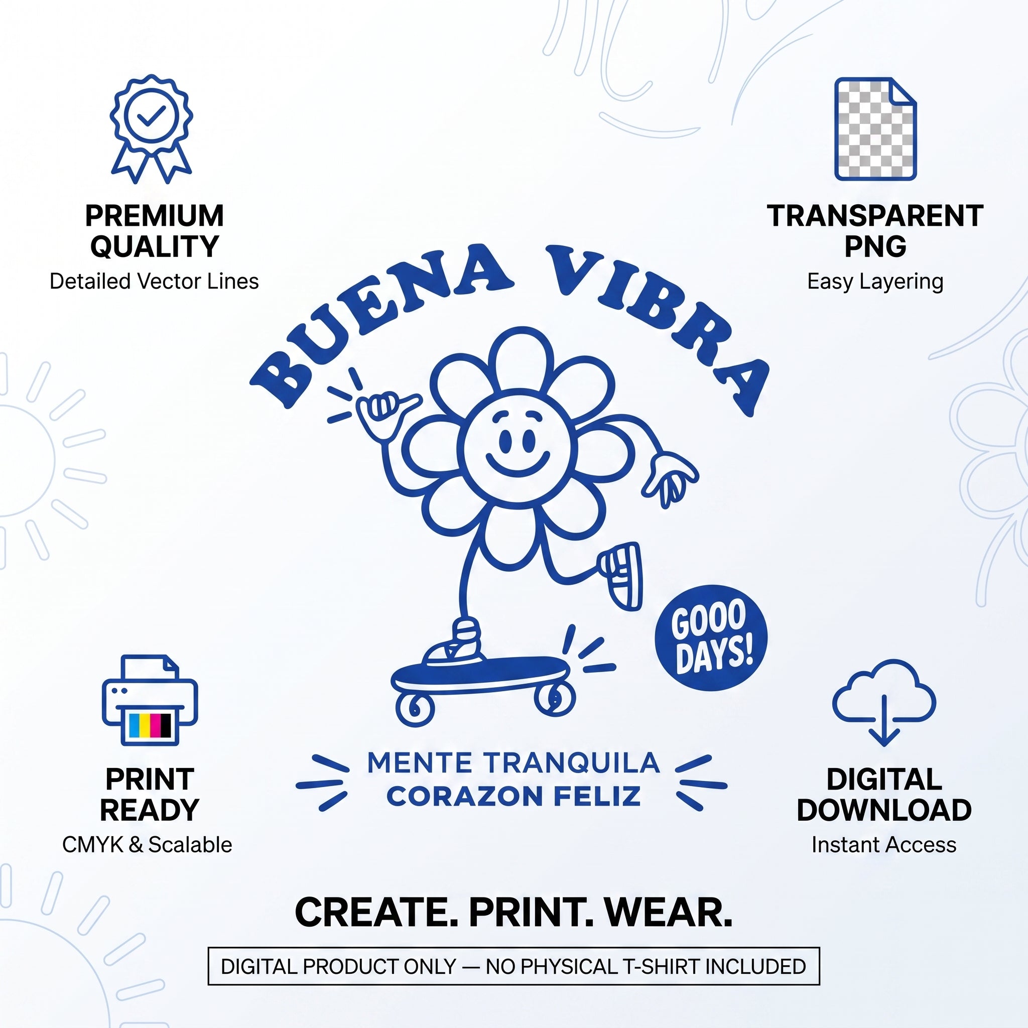 Buena Vibra Flower Skater PNG | Retro Groovy Smiley Flower T-Shirt Design | Spanish Positive Quote Streetwear | Good Days Skate Sublimation Design
