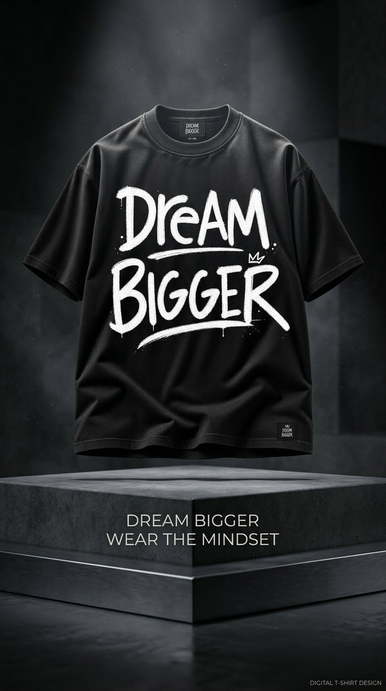 Black streetwear t-shirt with bold 'DREAM BIGGER' motivational typography design