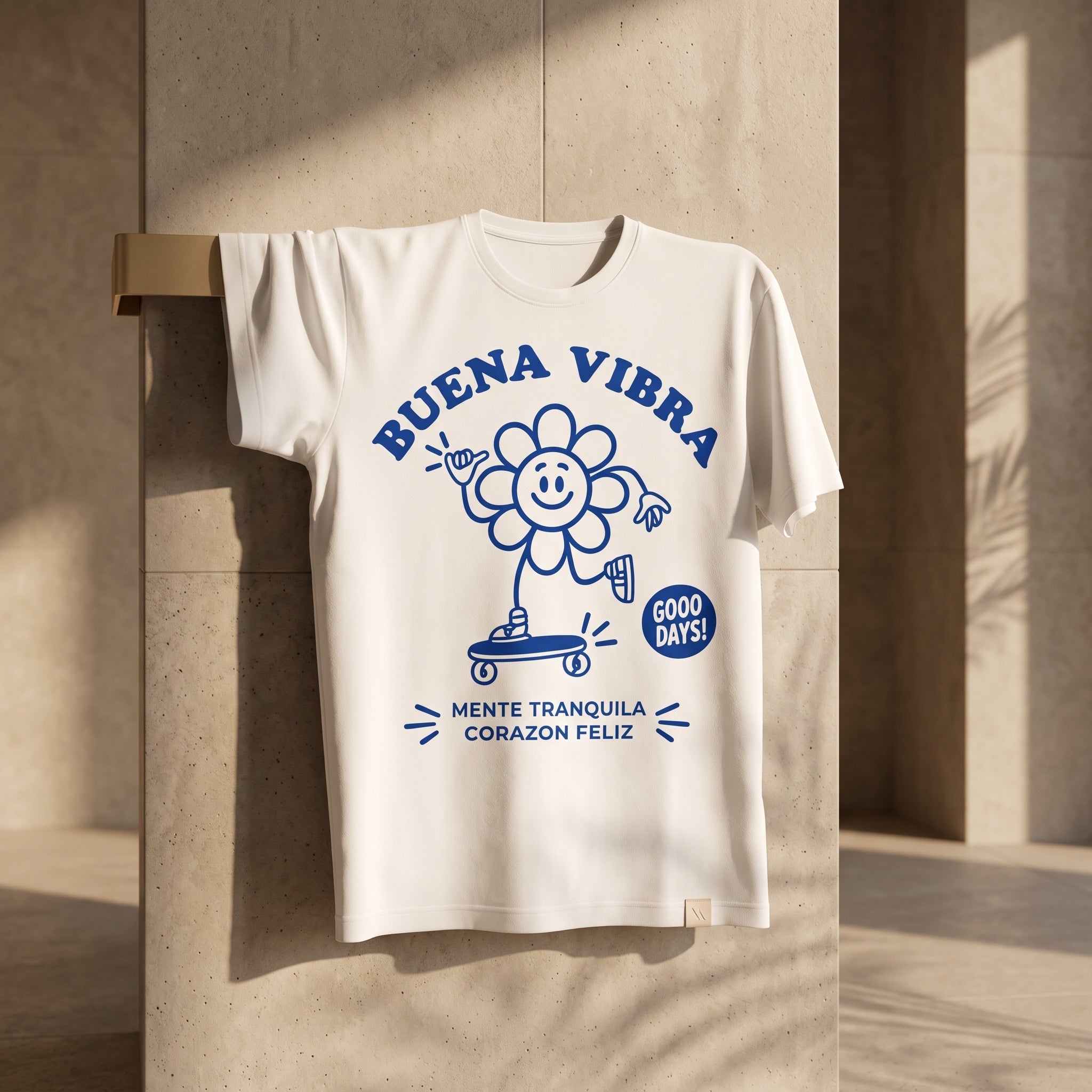 Buena Vibra Flower Skater PNG | Retro Groovy Smiley Flower T-Shirt Design | Spanish Positive Quote Streetwear | Good Days Skate Sublimation Design
