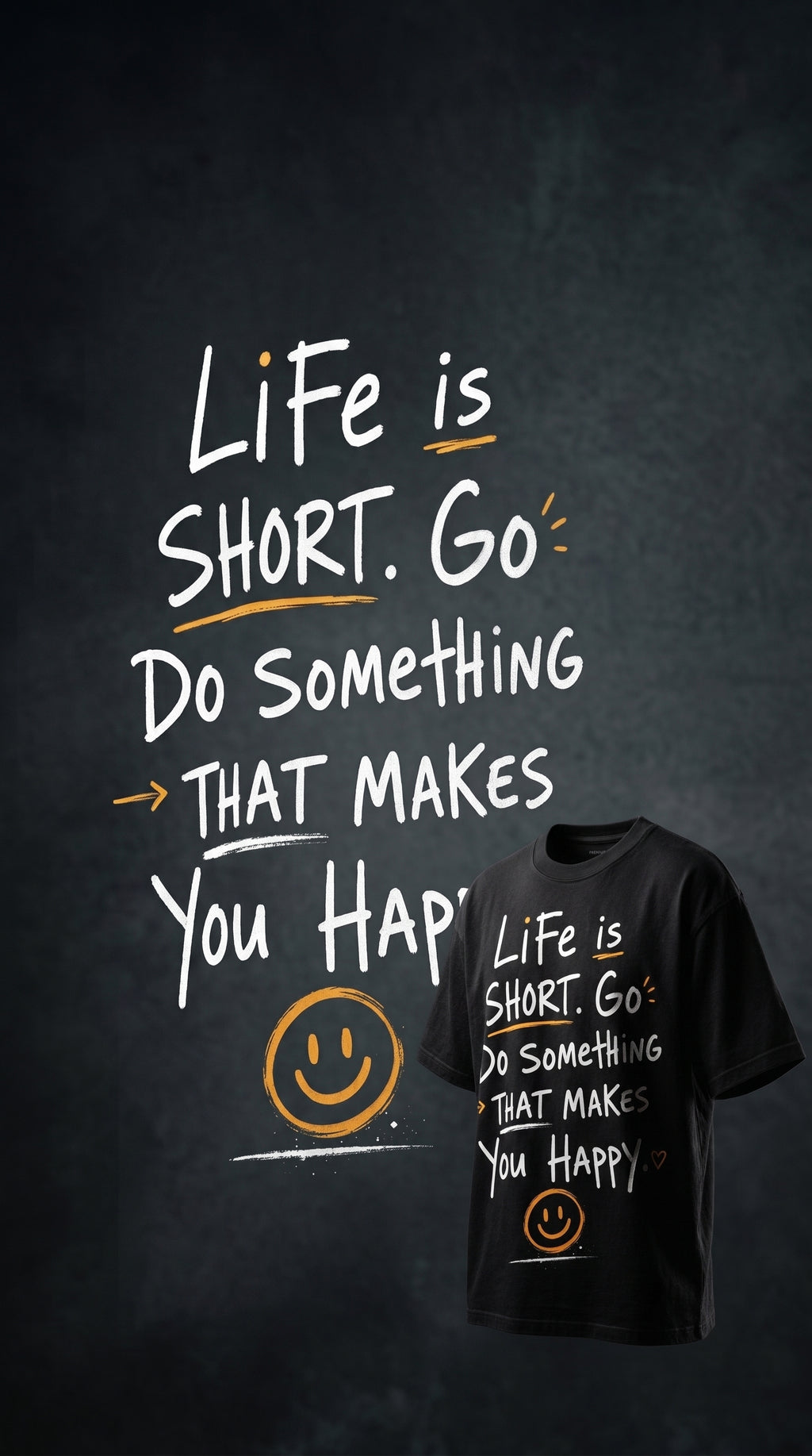 Motivational streetwear t-shirt design with hand-drawn 'Life Is Short' typography