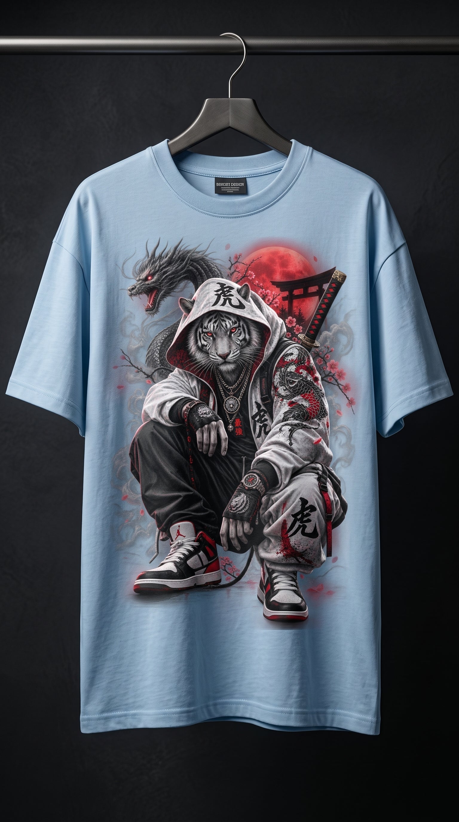 White Tiger Samurai Streetwear T-Shirt | Japanese Dragon Urban Graphic Tee