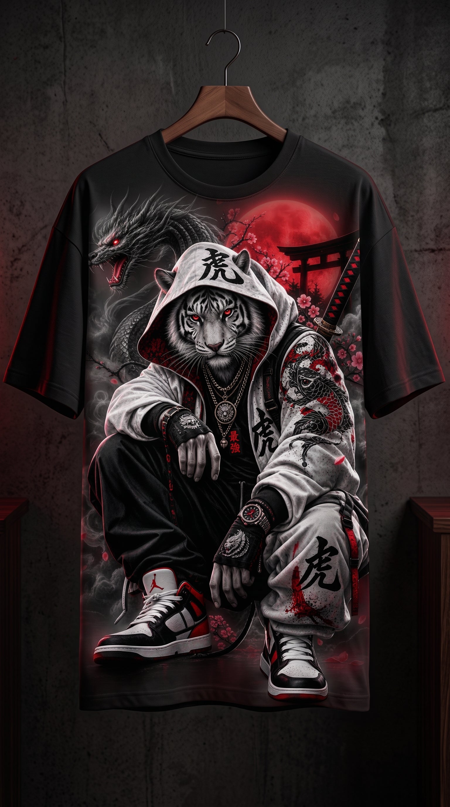 White Tiger Samurai Streetwear T-Shirt | Japanese Dragon Urban Graphic Tee