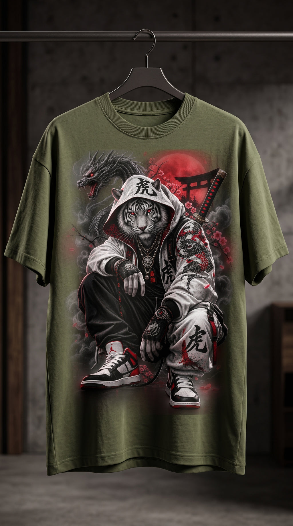 White Tiger Samurai Streetwear T-Shirt | Japanese Dragon Urban Graphic Tee