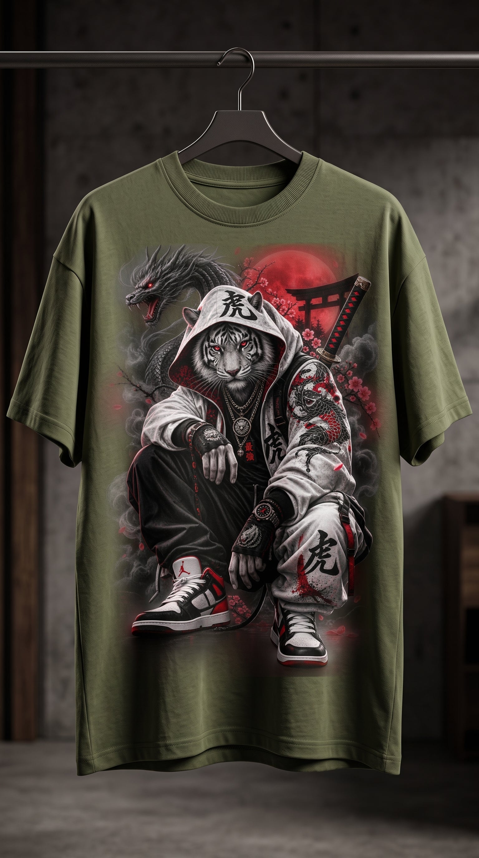 White Tiger Samurai Streetwear T-Shirt | Japanese Dragon Urban Graphic Tee