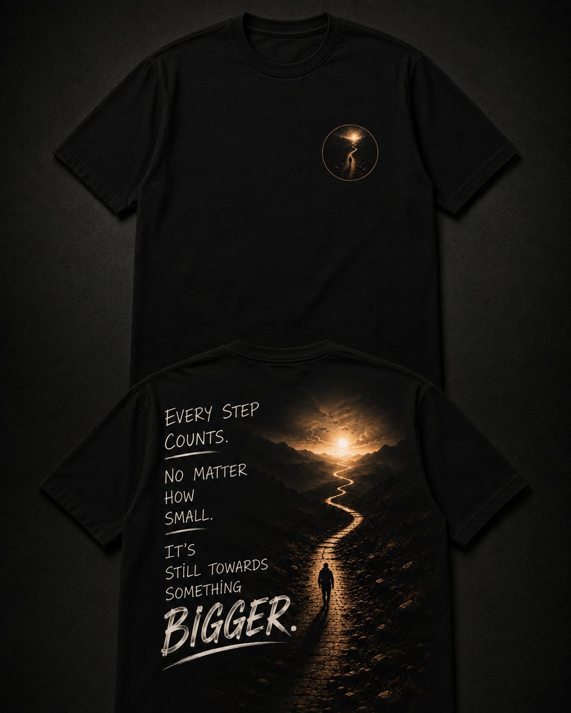 Motivational sunset graphic t-shirt design featuring a lone walking silhouette with the message 'Every Step Counts'