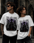 Gothic medieval-fantasy t-shirt design featuring an armored king and dark castle scene