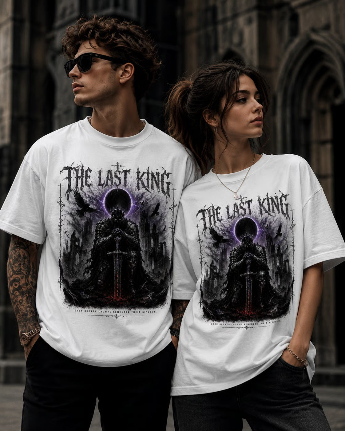 Gothic medieval-fantasy t-shirt design featuring an armored king and dark castle scene