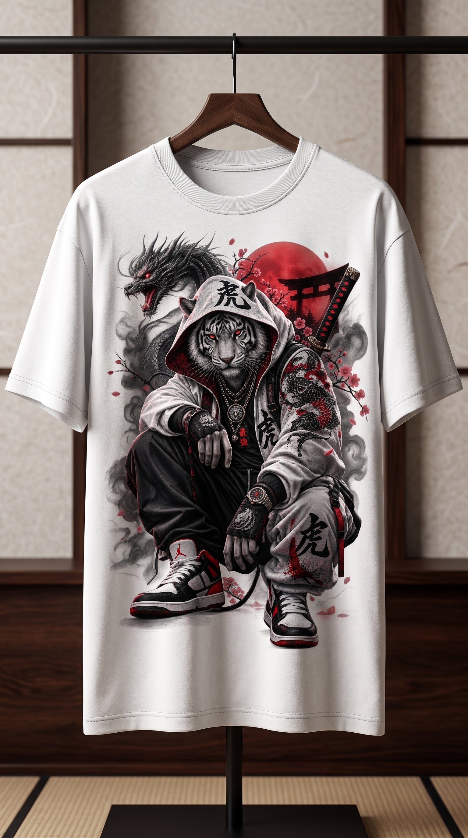 White Tiger Samurai Streetwear T-Shirt | Japanese Dragon Urban Graphic Tee