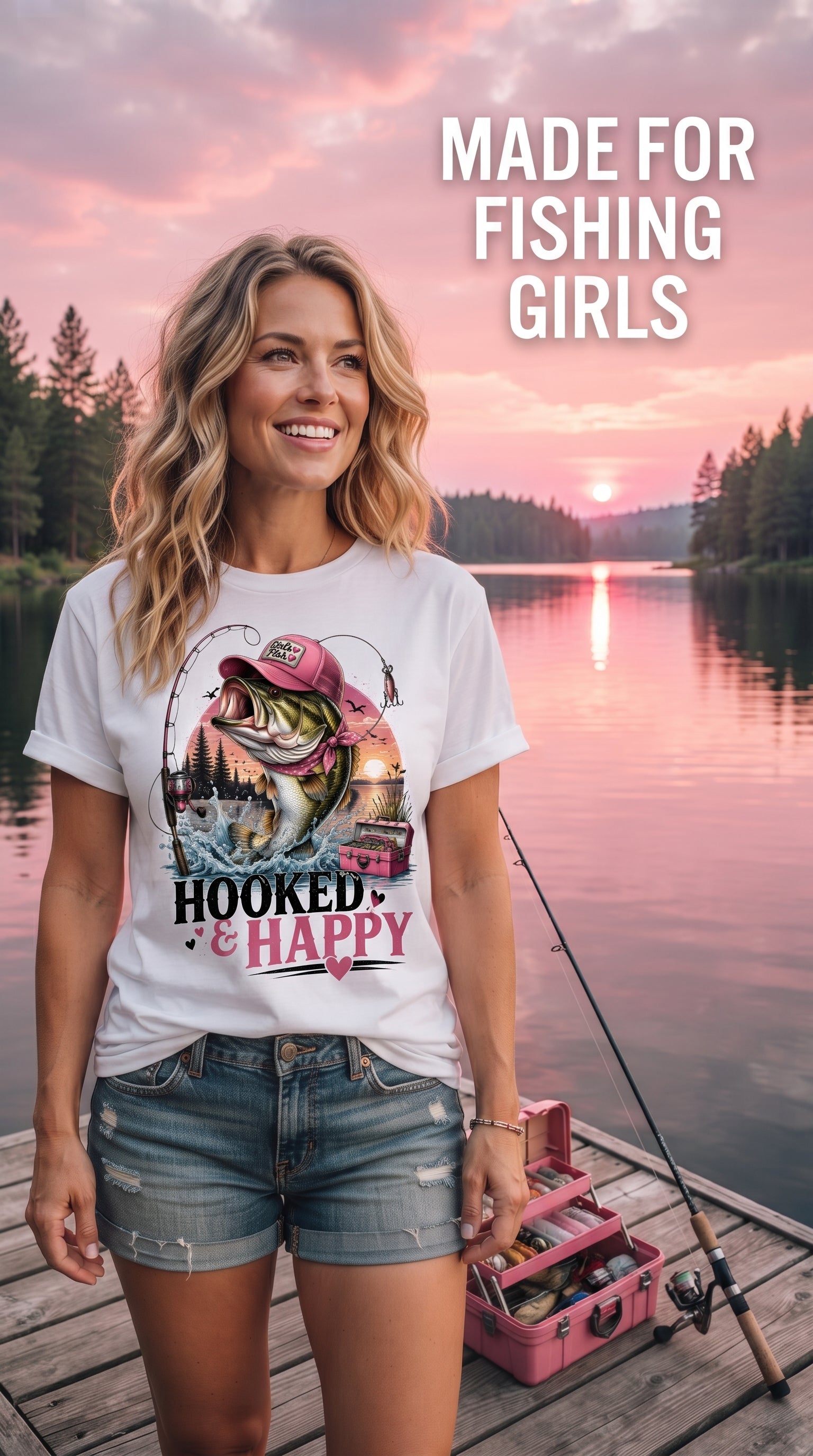 Hooked & Happy — Girls Fishing Digital Design