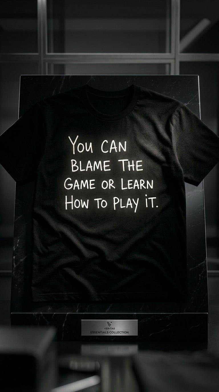 Black t-shirt with bold white motivational typography reading 'You Can Blame the Game or Learn How to Play It'